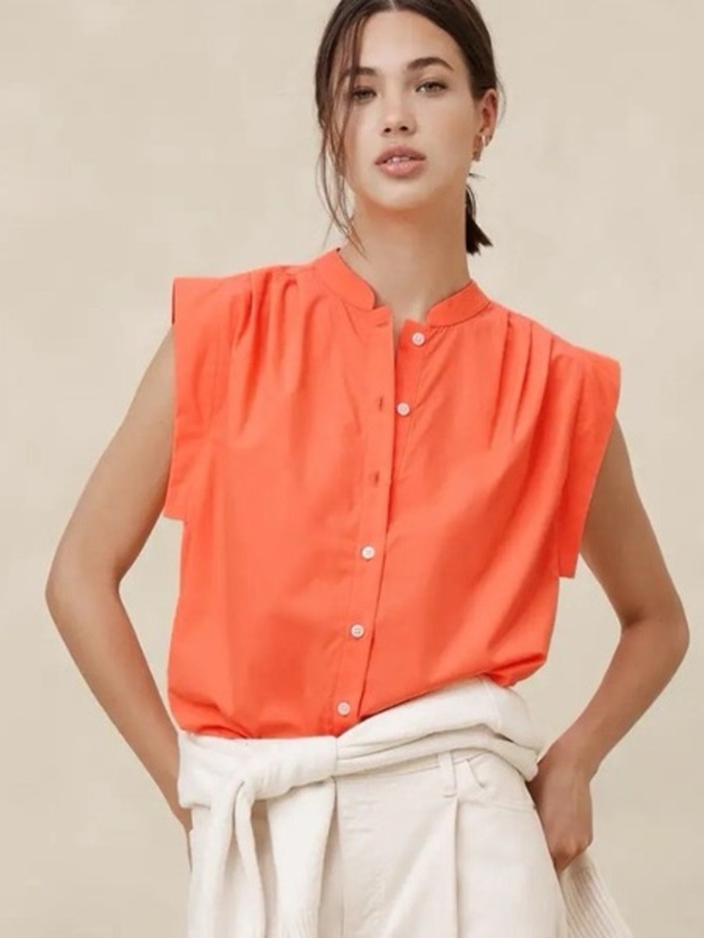 New! Banana Republic Coral poplin Button-Front Cap-Sleeve Top 39881